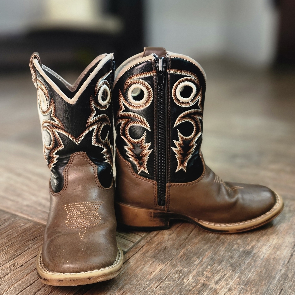 Brown & Black Western Kids' Cowboy Boots with Embroidery